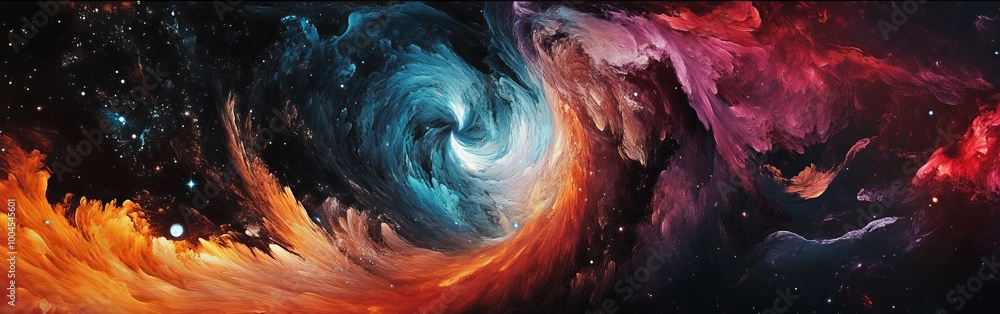 Poster a vibrant cosmic swirl of colors illustrating a galaxy in the depths of space during an artistic rep