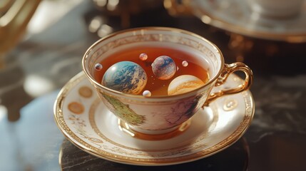 A teacup with floating planets inside, where each sip brings the drinker a vision of another world