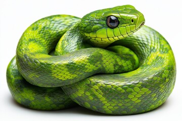 Fototapeta premium A green wooden snake is coiled around an eco-friendly symbol, highlighting themes of sustainability and nature