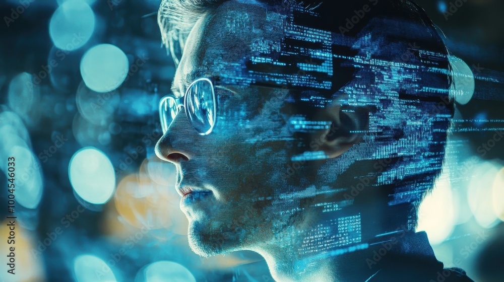 Aufkleber young man with glasses engaged in digital work, surrounded by floating data and bright bokeh lights 