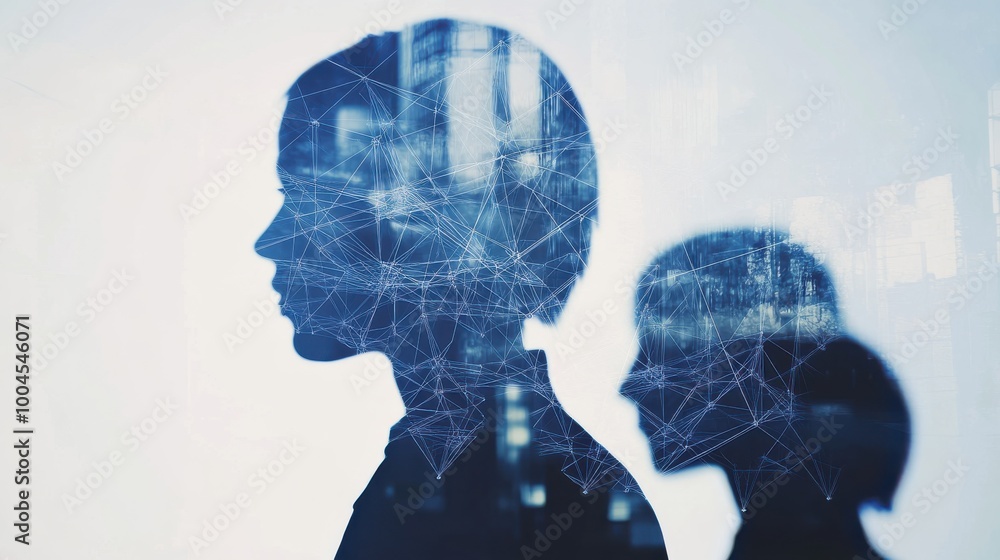 Poster silhouetted figures of two women with a network overlay, symbolizing connection and technology in a 