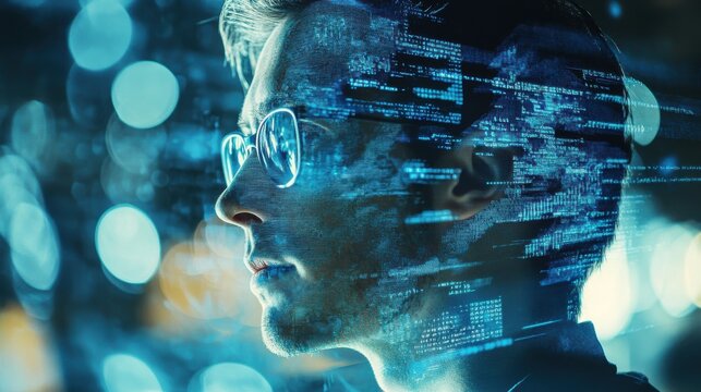 Young man with glasses engaged in digital work, surrounded by floating data and bright bokeh lights in an urban environment at night