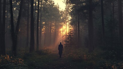 Lone zombie wandering through a deserted forest at dawn, with a haunting and melancholic mood.