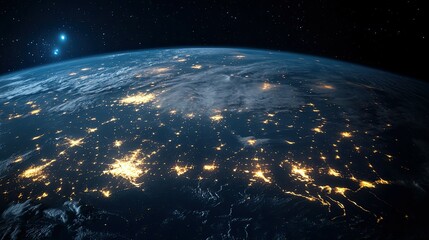 Obraz premium A stunning view of Earth at night, showing the twinkling lights of cities and the vast expanse of space.