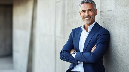 Confident businessman smiling against a concrete wall