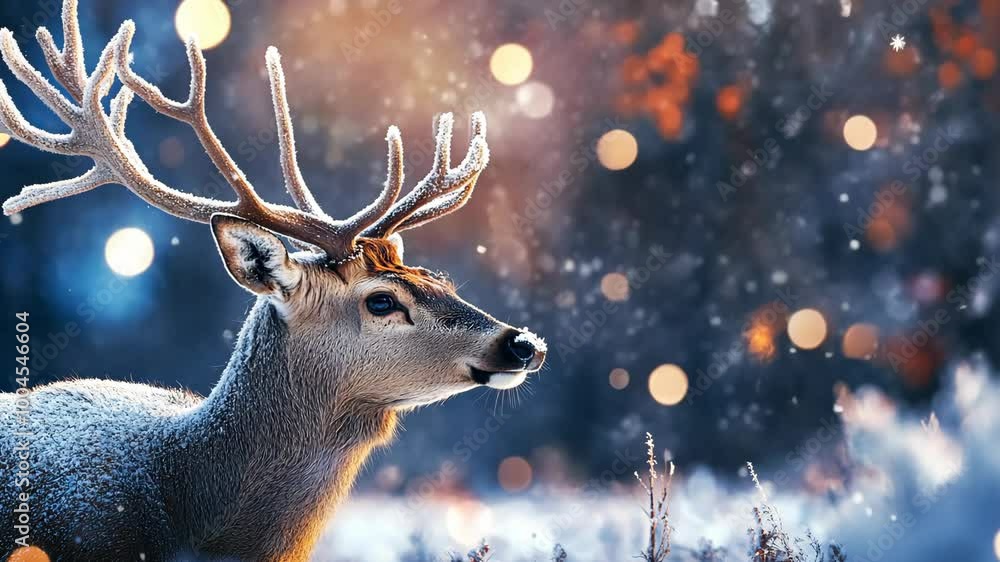 Poster a deer stands in a snowy forest with bokeh lights in the background