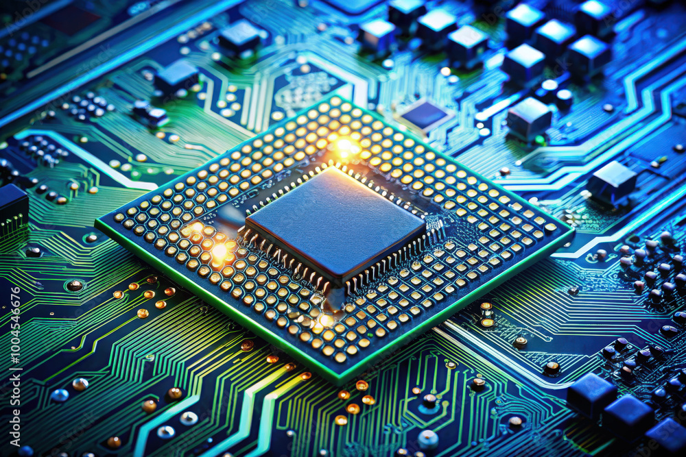 Poster a close-up view of a glowing microprocessor on a vibrant printed circuit board showcasing intricate 