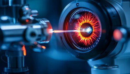 Obraz premium A close-up of the laser machine used for vision correction, emitting a controlled beam of light onto the cornea to correct refractive errors.