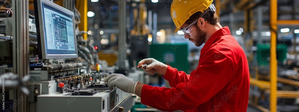 Poster engineer working on modern machinery in a factory setting during the day, focusing on precision task