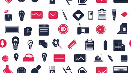 Colorful collection of diverse office and business icons on a white background showcasing tools and elements for productivity and creativity