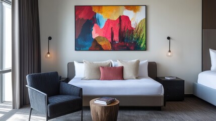 Modern hotel room featuring colorful artwork and cozy furnishings in a bright, inviting atmosphere