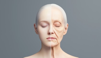 A detailed comparison of a young, smooth face and an older face with noticeable drooping in the eyelids, cheeks, and jawline, highlighting the loss of symmetry.