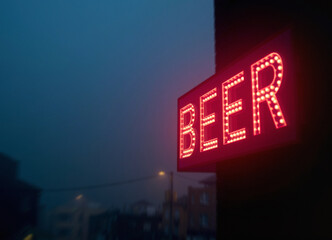 The word Beer on a sign on the side of a building, cinematic town scene, subtle background at night