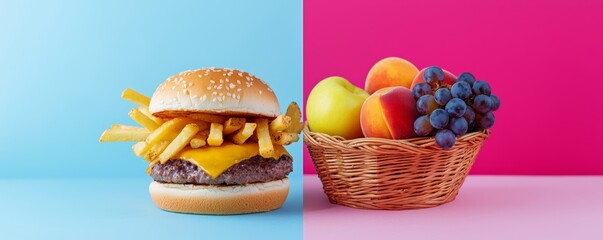 A juicy burger with crispy fries on one half, and a fresh fruit basket containing apples, peaches, and grapes on the other, showcasing contrasting meals.