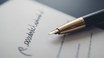 Fototapeta premium Elegant fountain pen resting on a signed document in a professional office setting during a bright morning