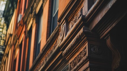 Intricate architectural details of a historic brownstone in late afternoon light showcasing ornate carvings and brickwork