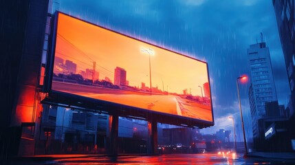 Blank billboard with augmented reality display capabilities, Futuristic, Blue and orange tones, Digital painting, Techenhanced advertising