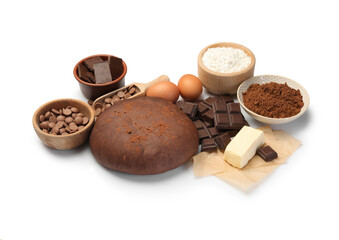 Chocolate dough and ingredients isolated on white