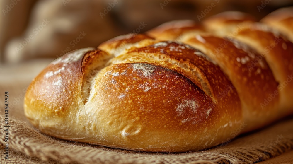 Aufkleber Freshly baked loaf of artisan bread displayed on burlap fabric in a rustic kitchen setting