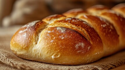 Freshly baked loaf of artisan bread displayed on burlap fabric in a rustic kitchen setting