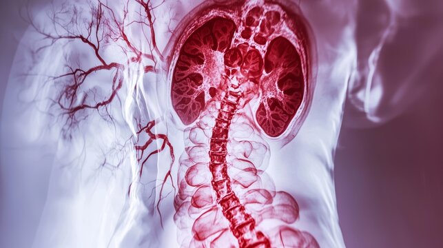 A radiographic image of the abdominal arteries, with the injected contrast dye highlighting the celiac and mesenteric arteries, showing the flow of blood to the digestive organs.