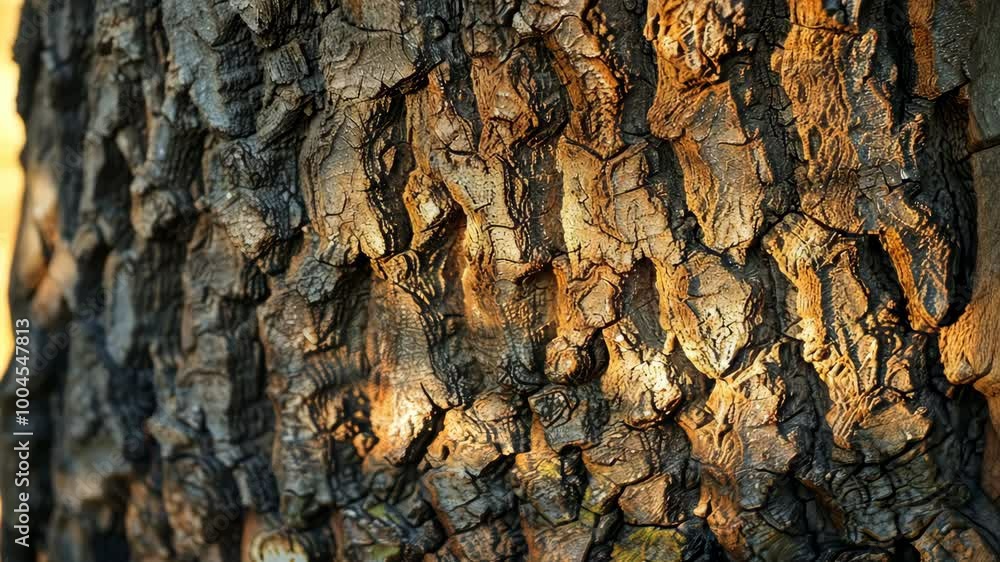 Poster A close-up view of a charred tree bark texture, illuminated by the sun's rays