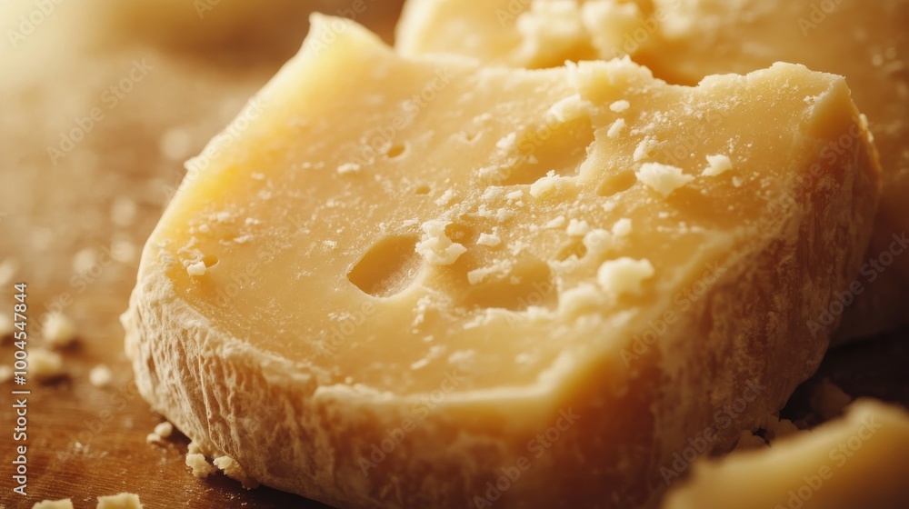Aufkleber A close-up view of a block of aged cheese with crumbly texture on a wooden surface showcasing its rich nuances