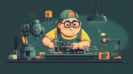 A factory worker with large tools, assembling parts quickly, emphasizing the rush to meet production goals in a humorous cartoon style.