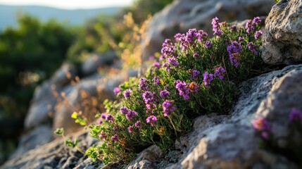 Obraz premium Purple wildflowers blooming among rocky terrain in the mountains during golden hour