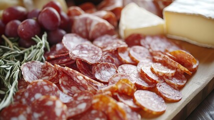 Obraz premium A detailed charcuterie board featuring assorted cured meats, fresh grapes, and creamy cheese at a gathering