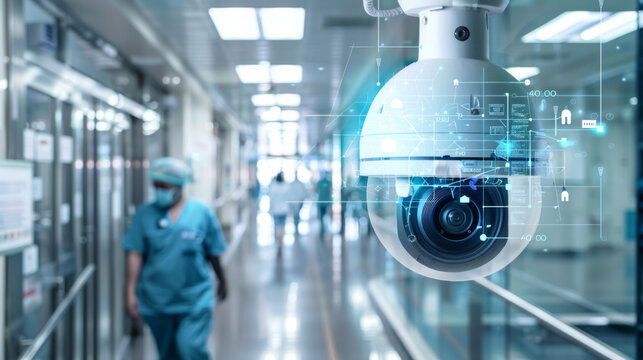 Surveillance camera monitoring hospital corridor with medical staff
