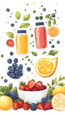 healthy food, fruits, and vegetables in a bowl with smoothie bottles on a table