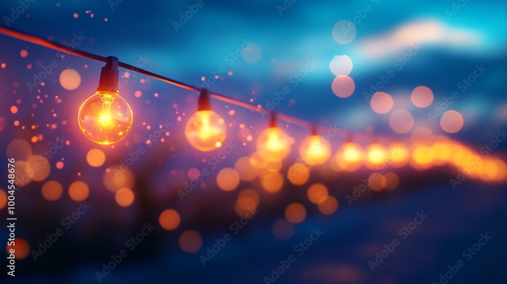 Poster string of warm glowing bulbs against a blurred twilight background with bokeh effect