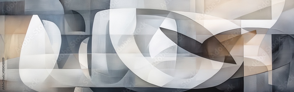 Poster abstract geometric composition in shades of gray and white highlighting curves and angles