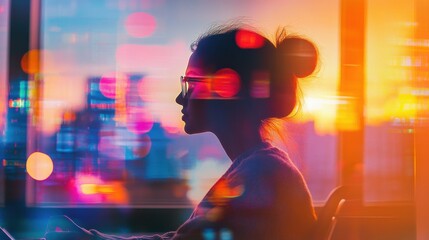 Silhouette of a woman working on a laptop at sunset in a modern office overlooking a cityscape filled with colorful lights