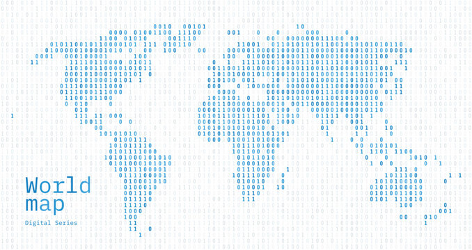White World Map Shown in Binary Code Pattern. Green Matrix numbers, zero, one.	