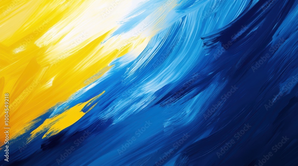 Aufkleber Vibrant blue and yellow abstract brush strokes create a dynamic and colorful backdrop during a bright sunny day
