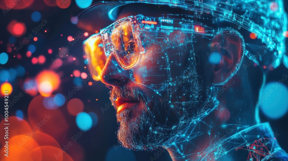 Poster a digital worker wearing augmented reality glasses in a high-tech environment at dusk