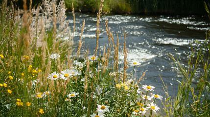  A peaceful riverbank with wildflowers and tall grass swaying in the breeze. 
