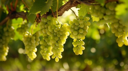 Fototapeta premium Close up of grapes hanging on branch. Hanging grapes. Grape farming. Grapes farm. Tasty green grape bunches hanging on branch. Grapes. With Selective Focus on the subject., 