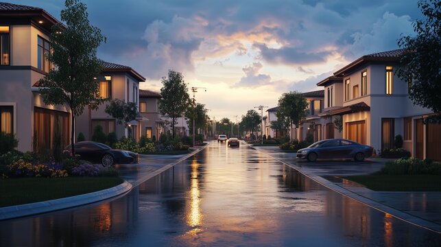 Tranquil street after rain in suburban neighborhood at dusk with glistening pavement and scattered clouds