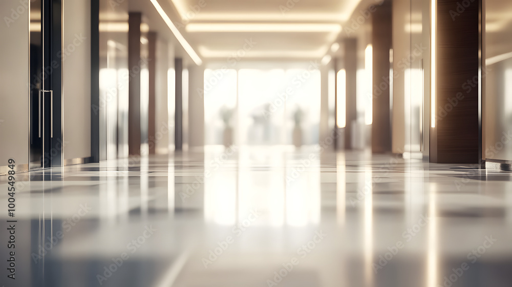 Poster an elegant empty hallway with shiny floors, bright lighting and modern design elements, creating a r