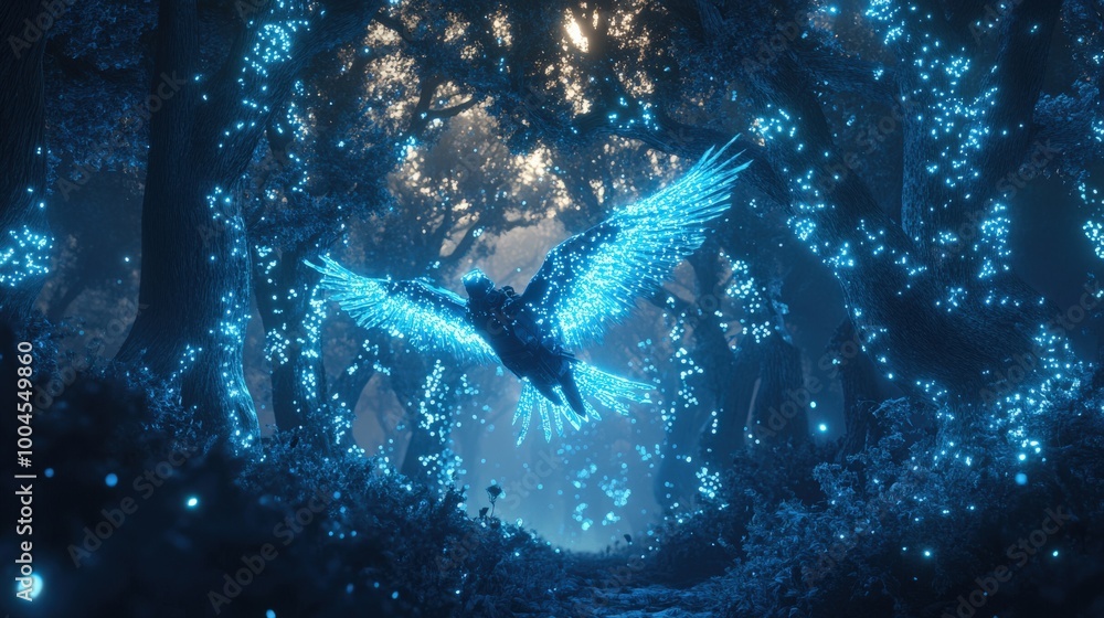 Poster a mechanical bird navigates through an enchanting forest illuminated by vibrant blue glowing lights,
