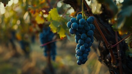 Close-up of a blue grape hanging in a vineyard, wide shot, 