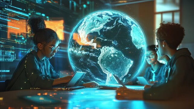 Digital classroom with diverse students studying a holographic Earth, learning about global challenges and solutions, global awareness, education for change