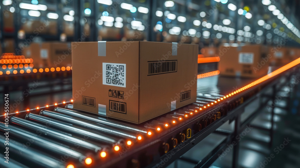 Aufkleber automated warehouse logistics with qr coded cardboard boxes on conveyor belt for efficient tracking 