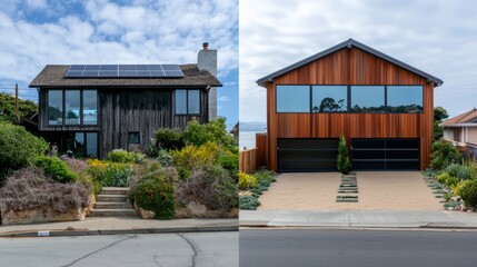 Fototapeta premium Before and after view of a weathered house with an old roof, now featuring a new modern design with large glass windows and solar panels.