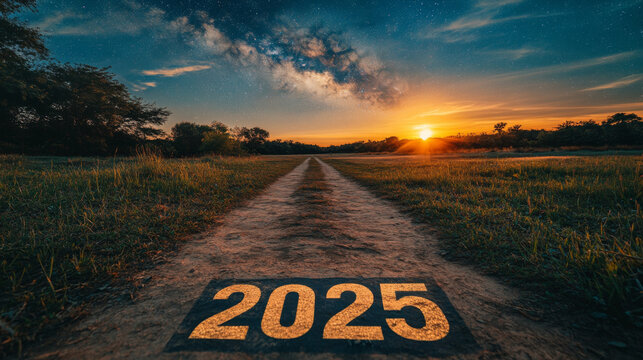 Sunset view with New Year 2025 text on rural road, concept of future