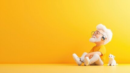 Elderly man with headphones and cat in a bright setting