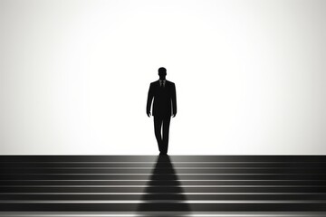 Obraz premium Silhouette of a man ascending stairs against a clean white background, isolated image